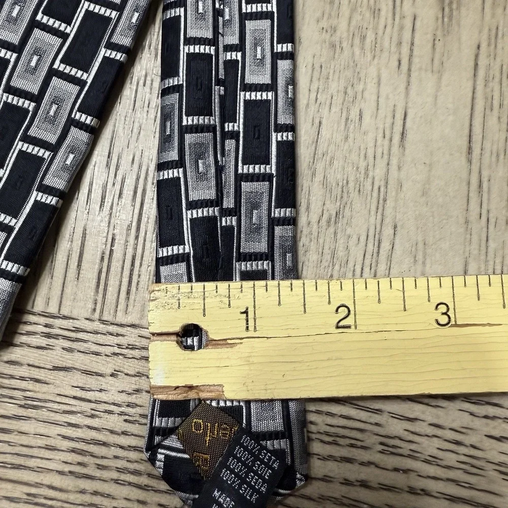 Roberto‎ Villini Silver Black Geometric Rectangle Pattern 100% Silk Tie